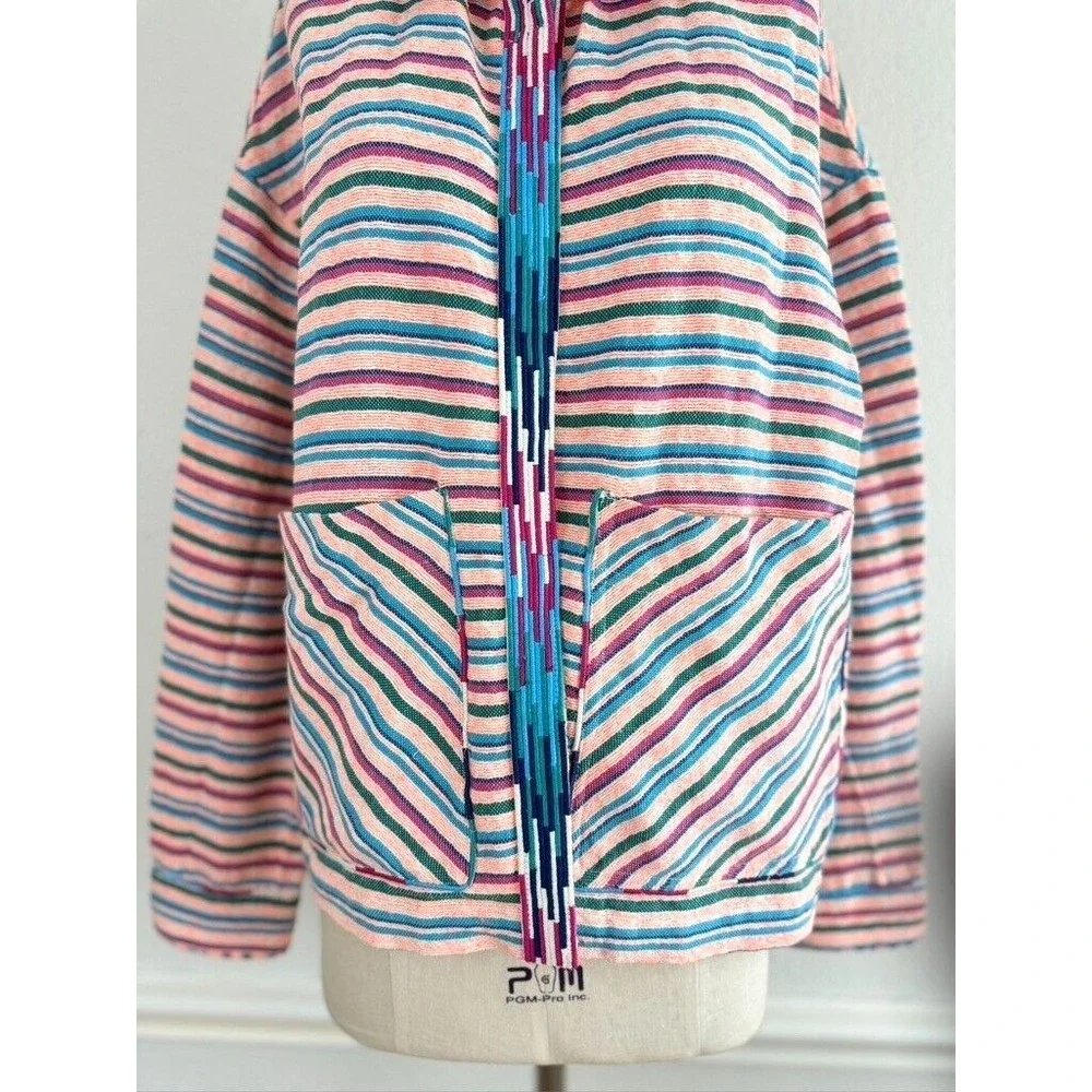 ZARA‎ Open Front Jacket Overshirt M Textured Multicolor Striped Embroidered Boho